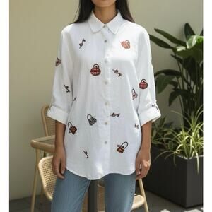 Edward Sz XL Irish Linen Boho Feminine Purse & Bag Embroidered Button-down Shirt